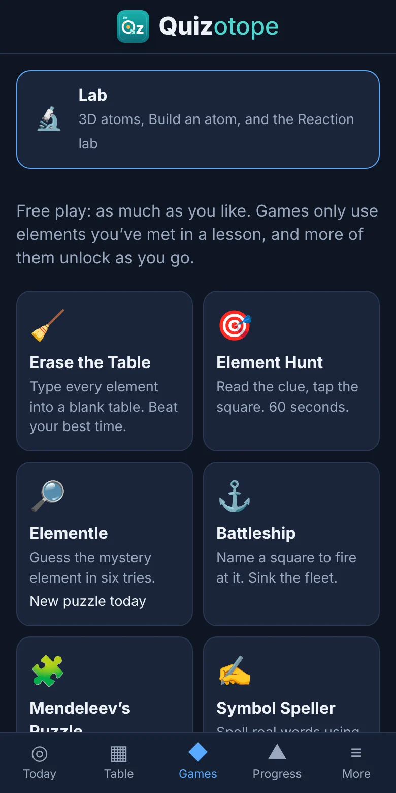 The games screen