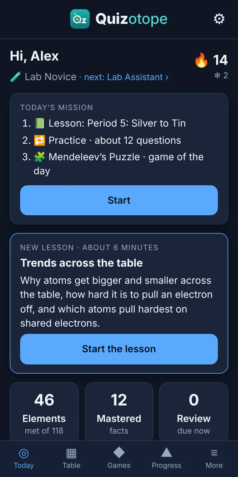 Today screen: the daily mission, a new lesson and progress